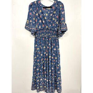 Max Studio Floral Smocked Maxi Dress Sz XL Blue Multi Romantic Cottage Boho